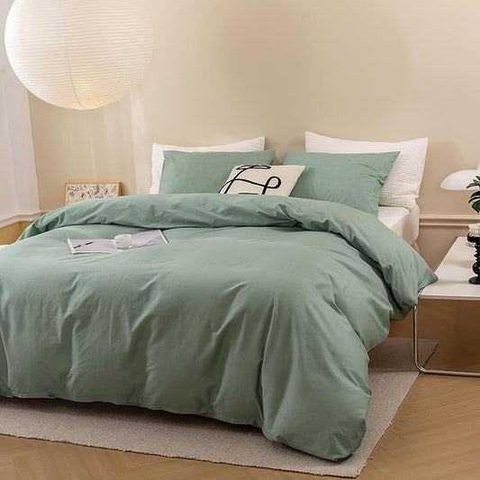 ECOCOTT Olive Green Duvet Cover King Size - 100% Washed Cotton Durable Soft Comfy Duvet Cover Set, 3 Pieces Duvet Cover with Zipper Closure (Green, 104''x90'')