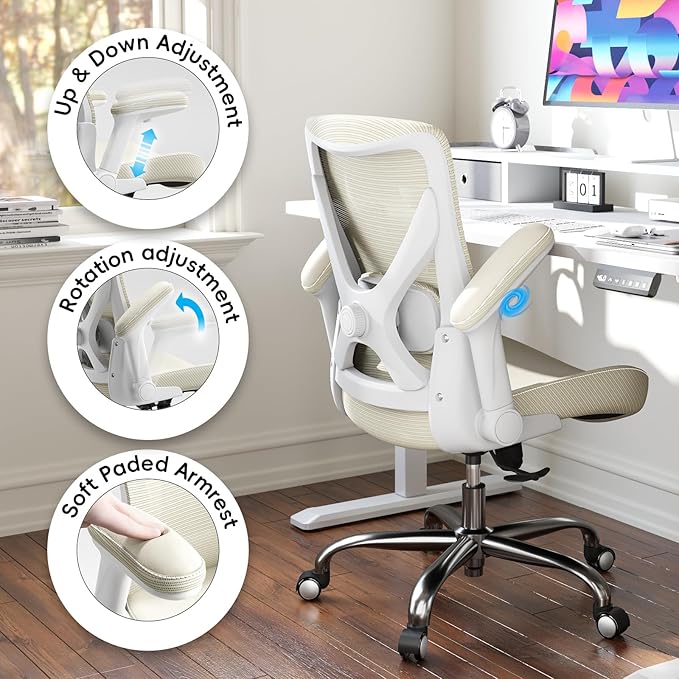 Office Home Ergonomic Desk Chair-Computer X-Shaped Chair Mesh PU Leather with Adjustable Lumbar Support-Executive Chair High Back Flip-Up Arms for Long Hours (Beige-No Headrest)