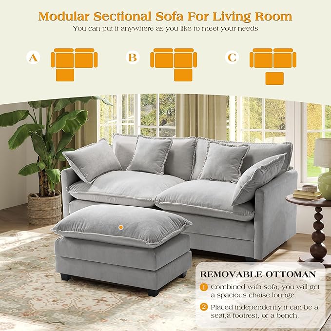 77.6" Modular Sectional Sofa,Loveseat Couch for Living Room, Modern Deep Seat Sofa 2 Seater Chenille Fabric Comfy Cloud Couches with Throw Pillows & Ottoman for Apartment,Small Spaces
