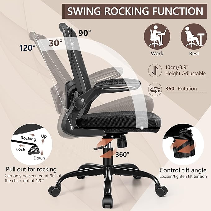 Ergonomic Office Chair - High Back Mesh Computer Desk Chair with Adjustable Lumbar Support, Flip-Up Armrests, Tilt Function - Perfect for Gaming, Work, and Study -Light Black