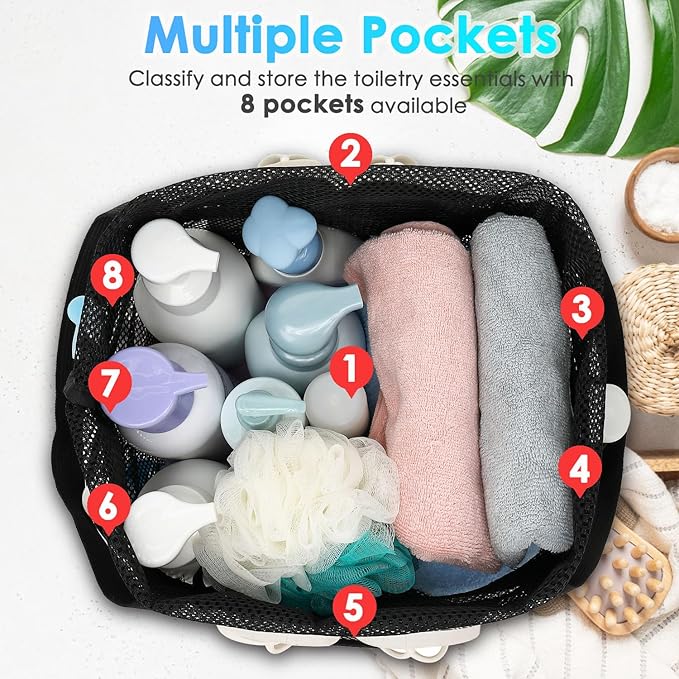 Mesh Shower Caddy Portable with Drawstring, Dorm Room Essentials for College Girls Guys, 8-Pocket Extra Large Shower Bag Basket Tote for Camping Beach Gym Travel Toiletry Bathroom