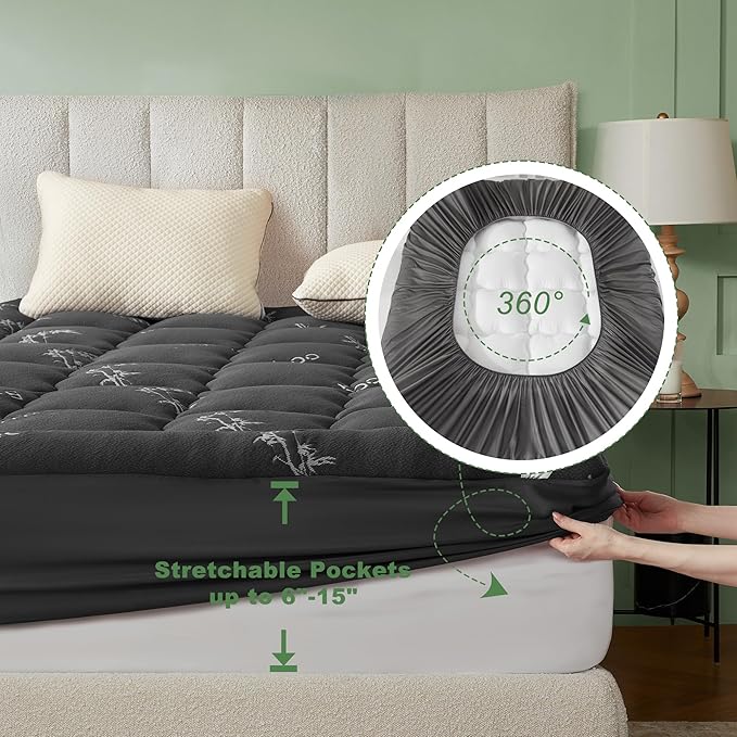 BEDLORE Twin XL Mattress Topper Viscose Derived from Bamboo, Thick Pillow Top Mattress Pad with Deep Pockets for 6-15 inches Mattress, Soft Mattress Topper College Dorm Size for Back Pain(Dark Gray)
