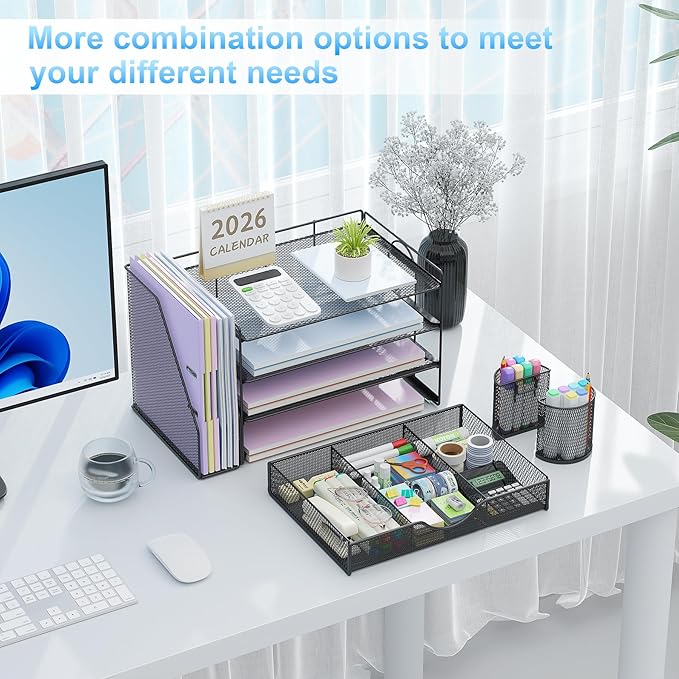 gianotter Desk Organizers and Accessories with File Holder, 4-Tier Desk Accessories & Workspace Organizers with Drawer and 2 Pen Holder, Paper Organizer for Office Supplies (Black)