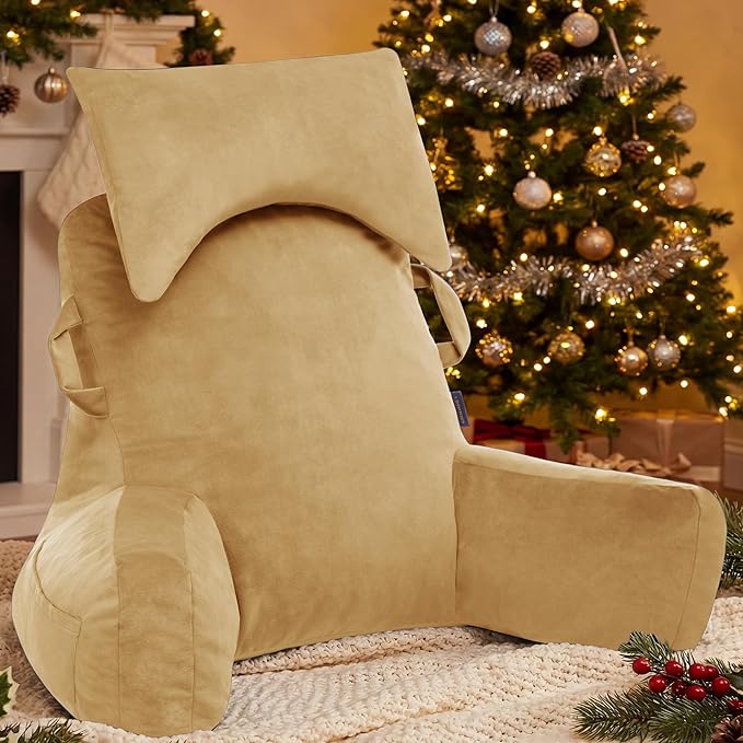 Portable Reading Pillows with Headrest for Bed Sitting Up(Camel Oeko-Tex), Velvet Back Pillow with Arms & Pockets for Adults, Support Memory Foam Bed Pillow for Dorm/Reading/Watching/Gaming