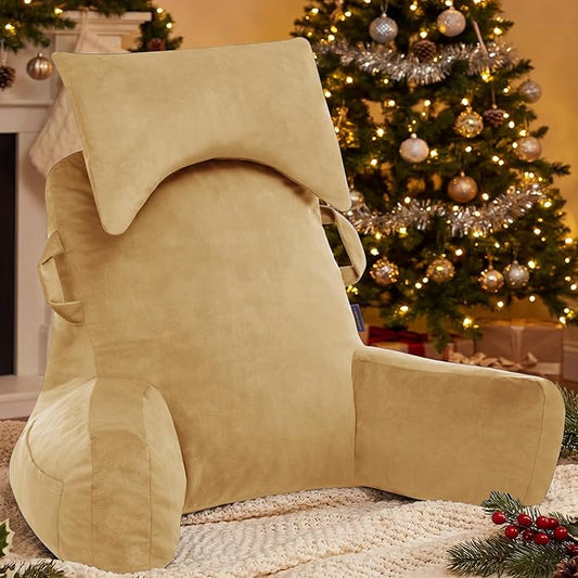 Portable Reading Pillows with Headrest for Bed Sitting Up(Camel Oeko-Tex), Velvet Back Pillow with Arms & Pockets for Adults, Support Memory Foam Bed Pillow for Dorm/Reading/Watching/Gaming