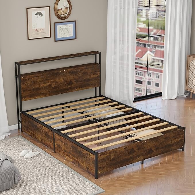Panana 14 Inch Queen Size Bed Frame,Industrial Metal Platform Bed Frame with 2 Tier Storage Wooden Headboard and Footboard,4 Storage Drawers,No Box Spring Needed,Black&Brown