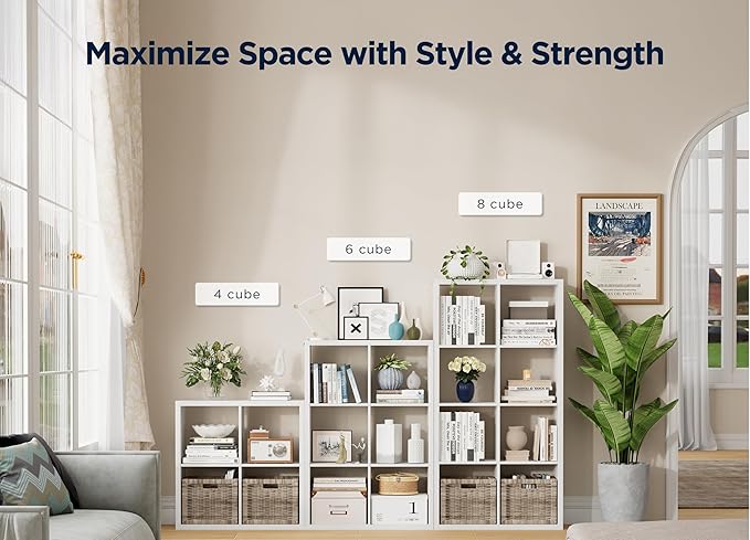 4 Cube Storage Organizer, 2x2 Cube Bookshelf, Cubby Storage Shelf, Wooden Organizer Shelf with Thickened Boards, for Closet Bedroom Home Office Living Room, 25.12" L x 9.37" W x 25.12" H, White