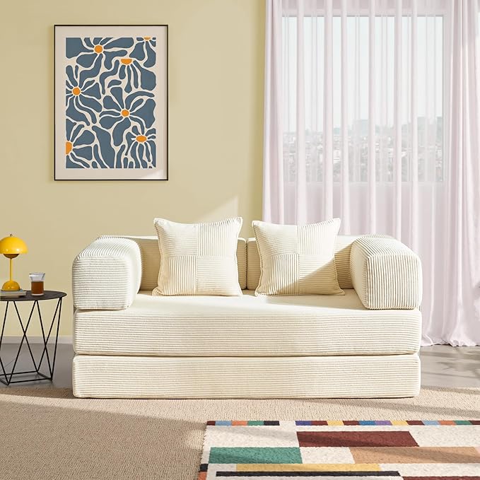 YINIX Foldable Sofa Bed, 62'' Folding Floor Couch, Compressed Convertable Sleeper Sofa, Memory Foam Couch with Pillow Back Support Armrest, 4-in-1 Futon Sofa Bed for Living Room, White