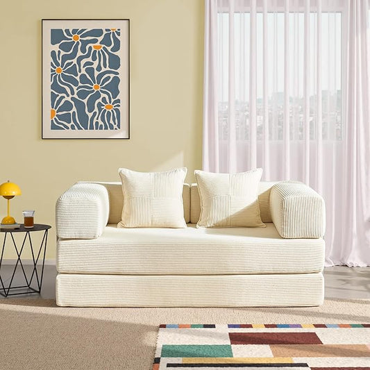 YINIX Foldable Sofa Bed, 62'' Folding Floor Couch, Compressed Convertable Sleeper Sofa, Memory Foam Couch with Pillow Back Support Armrest, 4-in-1 Futon Sofa Bed for Living Room, White