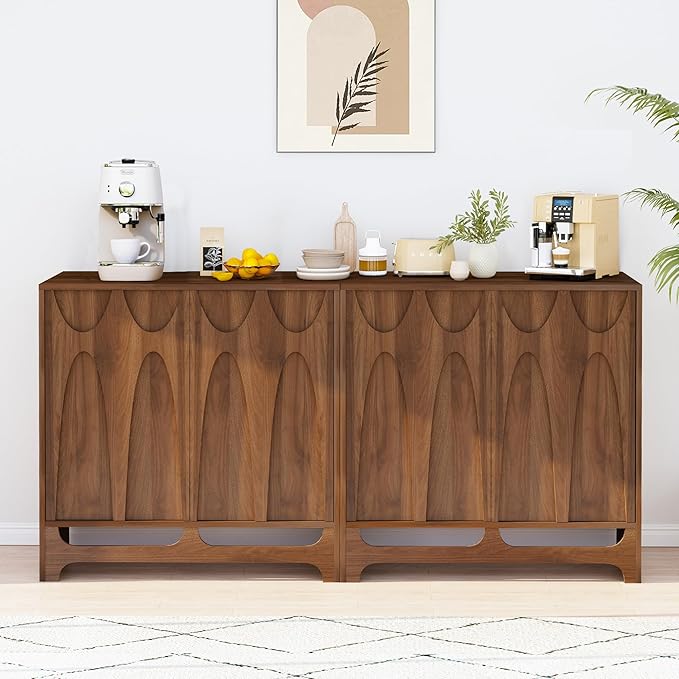 Sideboard Buffet Cabinet with Storage Set of 2, 63” Mid Century Modern Storage Cabinet with Adjustable Shelf and 4 Doors for Dining Room, Living Room,Entry