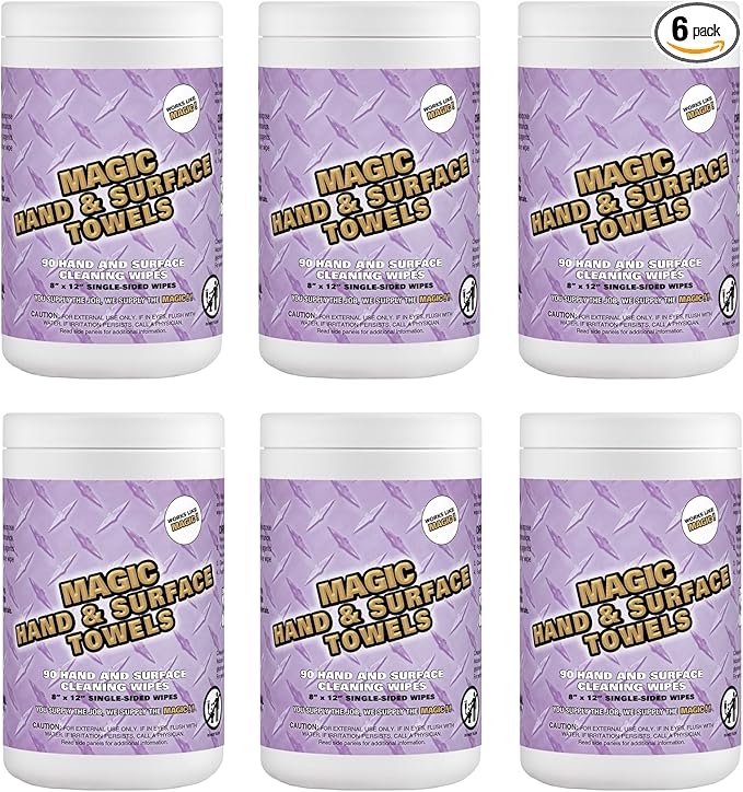 Magic Heavy Duty Cleaning Wipes - Single Sided Hand & Surface Shop Towels | Professional-grade Cleaning | Waterless | Moisturizing | Cleans Grease, Oil, Dirt, & more (6 Pack | 540 Sheets Total)