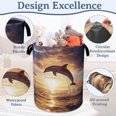 Dolphins Laundry Basket,Foldable Oxford Cloth Sunset Laundry Hamper With Handle, 20.8