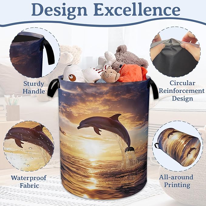 Dolphins Laundry Basket,Foldable Oxford Cloth Sunset Laundry Hamper With Handle, 20.8"x16" Portable Clothes Storage Basket Bag for Laundry Room/Bathroom/Bedroom/Dormitories
