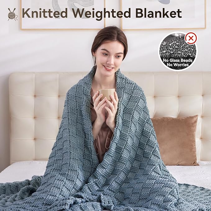 Knitted Weighted Blanket for Adult, No Beads Heavy Blanket 50” x 60'' 7lbs, Breathable Chunky Knit Blanket, Cooling Weighted Blanket for Hot Sleepers, Christmas Home Decor (Light Blue)