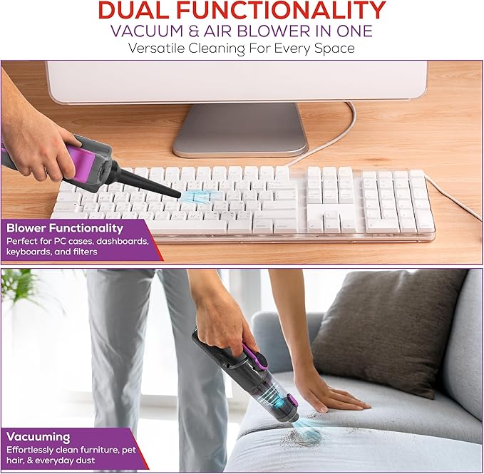 HyperVac 2-in-1 Handheld Portable Car Vacuum Cleaner & Blower, 18500Pa Suction, Corded/Cordless Air Duster with LED Light, Flexible Hoses, USB-C Fast Charge – Ideal for Home, Office & Pets(2025 Model)