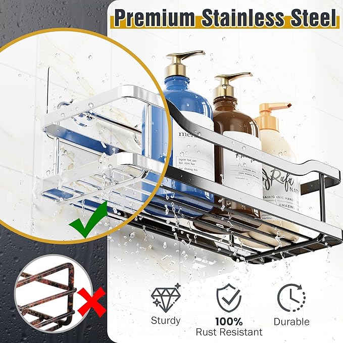 OMAIRA 3-Pack Shower Caddy with Soap Holder, Adhesive Rustproof No-Drill Strudy Loading Inside Shower Organizer Shelves Rack Storage Bathroom Organization for Smooth Wall Glass Tile, Black (X-Large)