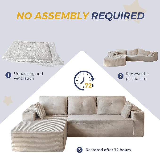 MAXYOYO 104" Modular Sectional Couch with L-Shape Chaise, Modern Boneless Couch for Living Room, Sofa in A Box, Oversized Sofa Sleeper with Deep Seat, No Assembly Required, Grayish Beige