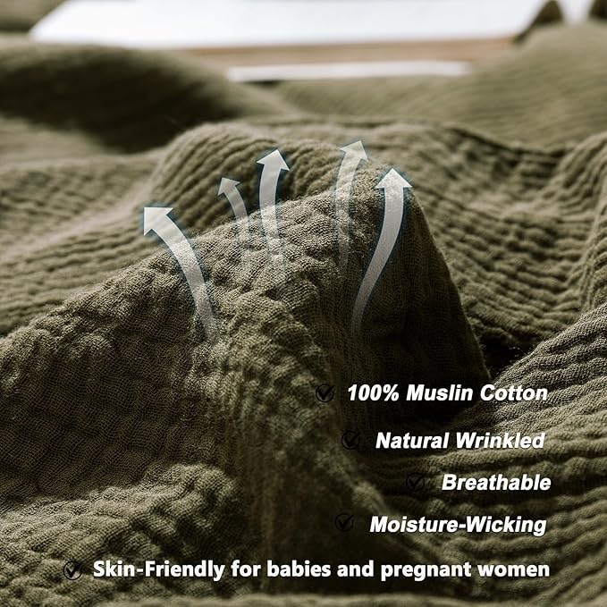 VM VOUGEMARKET Olive Green Duvet Cover Queen Size - 3 Pieces Muslin Cotton 3-Layer Guaze Textured Bedding Set, Includes 1 Duvet Cover 90x90 Inches with Zipper Closure & 2 Pillowcases