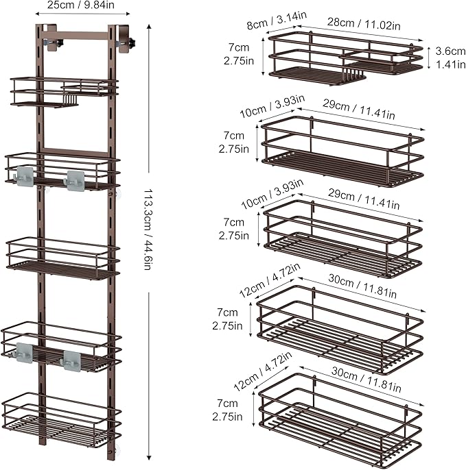 Orimade Over the Door Shower Caddy Adjustable 5 Tier Bronze,Bathroom Hanging Organizer Shelf Rustproof with 4 Hooks,Shower Basket with Soap Holder and Suction Cup