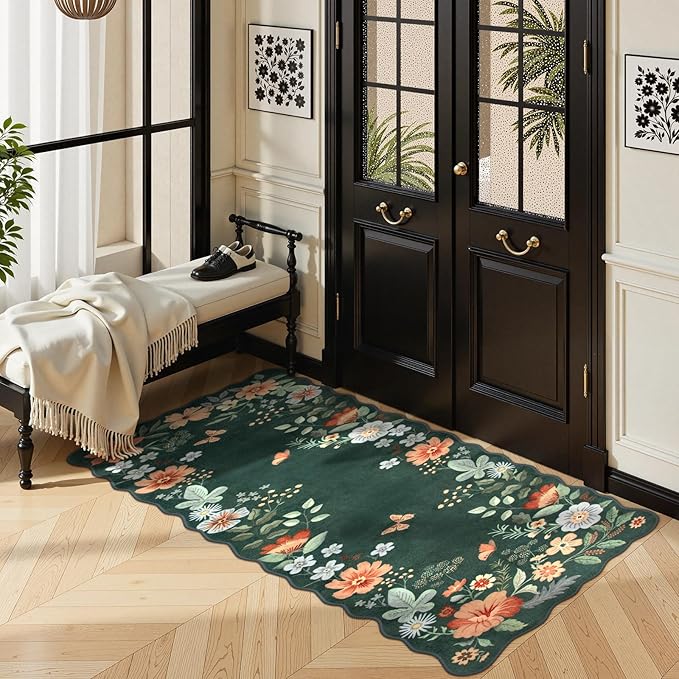 Lahome Floral Small Rug, 2x4 Kitchen Rugs Non Slip Washable Rug Ultra-Thin, Soft Front Door Mat Indoor Entrance Stain Resistant Boho Low-Pile Entry Carpet for Bathroom Bedroom(2x4ft,Dark Green)