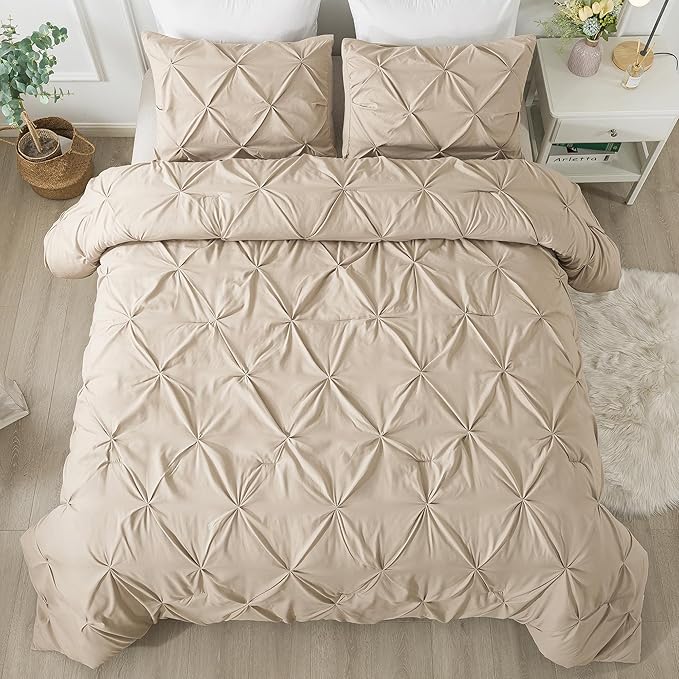 Andency Full Comforter Set Khaki, 3 Pieces Pinch Pleat Bedding Comforters & Sets, Pintuck Lightweight Fluffy All Season Bed Set for Women Men Girls(79x90Inch)