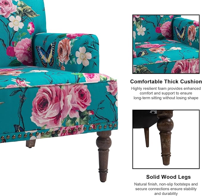 Accent Chair, Mid Century Modern Comfy Armchair for Living Room, Linen Fabric Single Sofa Lounge for Reading Bedroom Apartment Waiting Room with Wood Legs (Floral, Set of 2)