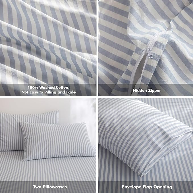FOSSA Striped Duvet Cover Set 100% Washed Cotton Linen Feel Super Soft Breathable Cozy 3 Pieces Bedding Sets Cornflower Blue White Classic Stripes King