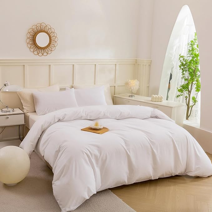 ECOCOTT White Duvet Cover Queen Size - 100% Washed Cotton Durable Soft Comfy Duvet Cover Set, Lightweight and Breathable with Zipper Closure & Corner Ties (White, 90''x90'')