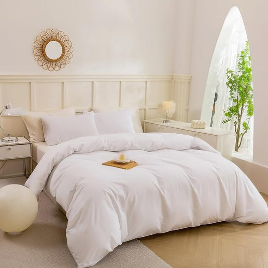 ECOCOTT White Duvet Cover Queen Size - 100% Washed Cotton Durable Soft Comfy Duvet Cover Set, Lightweight and Breathable with Zipper Closure & Corner Ties (White, 90''x90'')