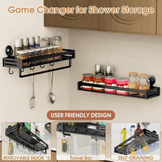 Shower Caddy Suction Cup, 15.8 inch 2 Pack Suction Shower Shelf with Hooks NO-Drilling Bathroom Holder, Rustproof Bathroom Organizer, Black,Includes 2 Extra Suction Cups for Replacement Use