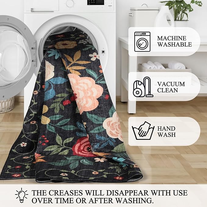 DUKINO 5x7 Area Rug, Floral Design, Lightweight Non Slip Washable, Indoor Low Pile & Non-Shedding Boho Rug for Bedroom, Living Room, Dining Room, Black