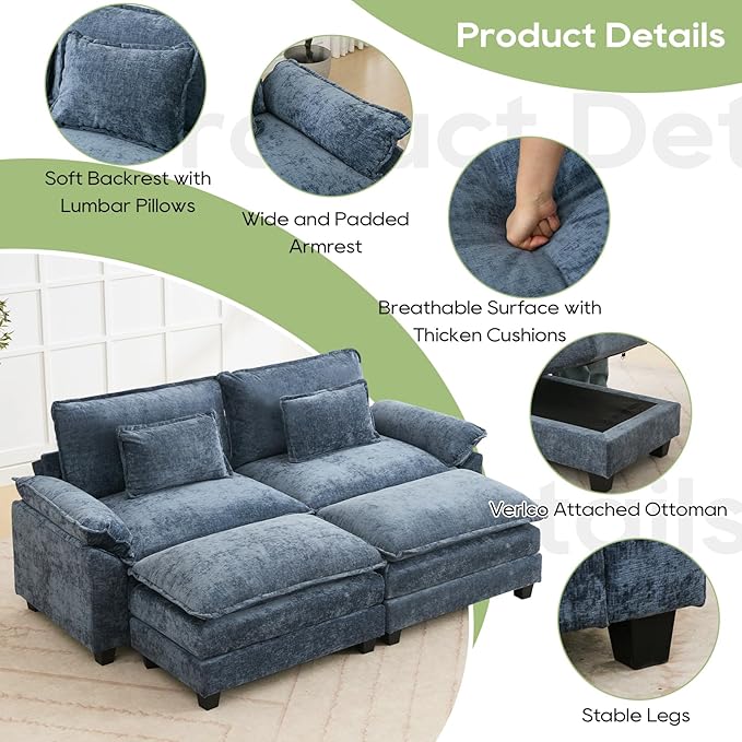 86" Modular Sectional Sofa, Comfy Cloud Couch Sectional Sofa with Ottoman, Chenille Sofa Sleeper Deep Seat Sofa with Throw Pillows for Living Room (Blue)