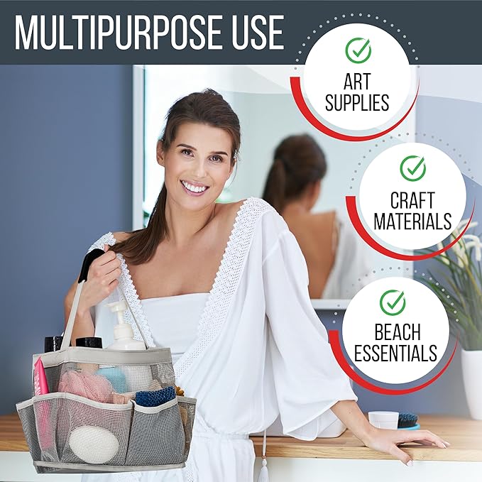 Masirs Mesh Shower Caddy - 9 Pocket Portable Bathroom Organizer Tote for Travel, Gym & Dorm - Collapsible Small Shower Caddy Bag to Hold Toiletries & Essentials (Gray)