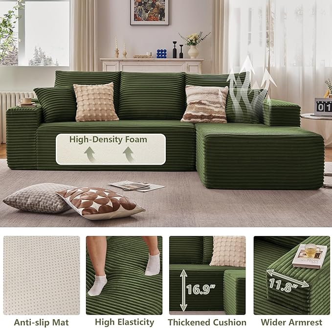 107" Cloud Sectional Couch with L-Shape Chaise, Modern Modular Comfy Sofa Chaise Longue, Upholstered Corduroy Couches Sleeper with Deep Seat for Living Room Bedroom, No Assembly Required, Green