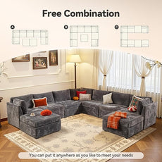 Large 9 Seat Modular Sectional Sofa with Ottoman Seat Corduroy Sleeper Sectional Sofa Bed Oversized Convertible Modular Couch for Living Room