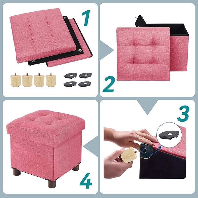 BRIAN & DANY Small Ottoman with Storage, Small Storage Ottoman, Folding Foot Stool with Wood Legs for Living Room and Bedroom Linen Rest Seat, 12.6"x12.6"x12.8" - Hot Pink