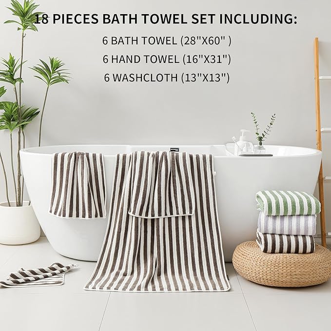 18-Piece Microfiber Bath Towels Set - 6 Bath Sheet, 6 Hand Towels, 6 Washcloths, Soft, Highly Absorbent Bathroom Towel, Quick Dry & Less Lint Shower towel for Bathroom, Hotel, Spa, Dorm-Dark Coffee