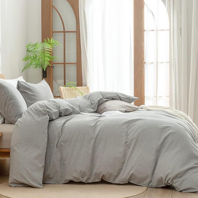 BESTOUCH Duvet Cover Set 100% Washed Cotton Linen Feel Super Soft Comfortable Chic Lightweight 3 PCs Home Bedding Set Solid Light Grey Super King Plus