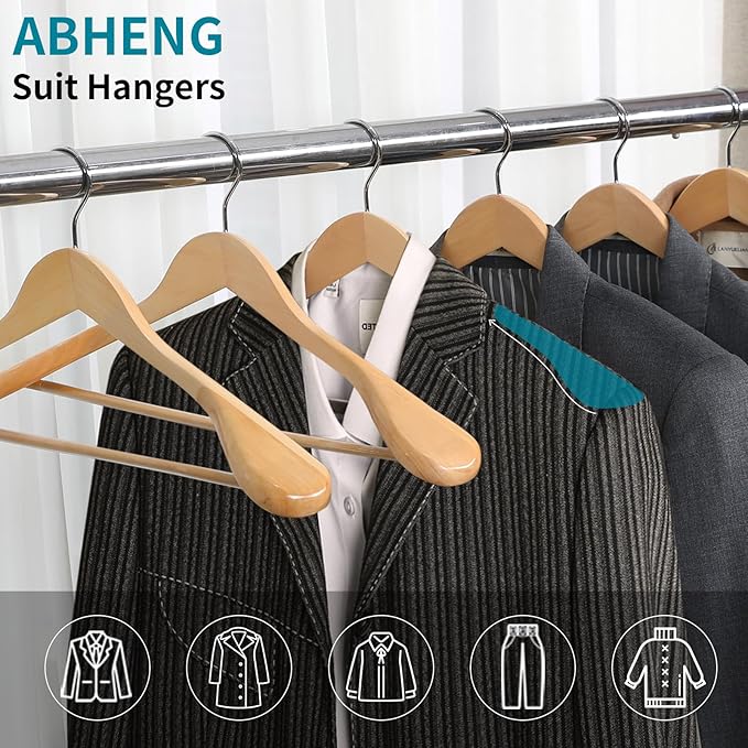 Solid Wood Suit Hangers, 6 Pack, Coat Hangers with Non Slip Trouser Bar, 360° Swivel Hook, Heavy Duty Wide Hangers for Suit, Coat, Jacket, Trousers, Pants,17.3" W x 9" H, Natura AWY0406N