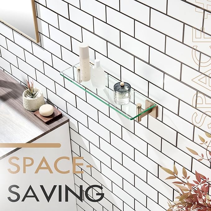 KOKOSIRI Wall Shelves Bathroom Hardware Glass Floating Shelf 16-Inch for Bedroom, Living Room, Kitchen, Hanging Rack Champagne Bronze B1105CPG-L16