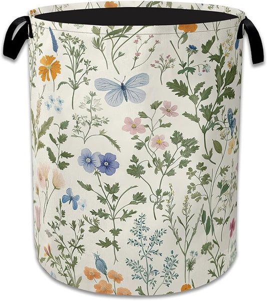 Wildflowers Laundry Hamper With Handle,Foldable Oxford Cloth Vintage Plants Herb Flower Butterfly Laundry Basket,20.8"x16" Clothes Storage Basket for Laundry Room/Bedroom/Bathroom