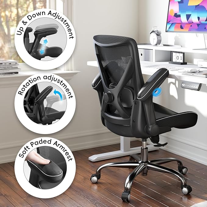 Office Home Ergonomic Desk Chair-Computer X-Shaped Chair Mesh PU Leather with Adjustable Lumbar Support-Executive Chair High Back Flip-Up Arms for Long Hours (Black-No Headrest)