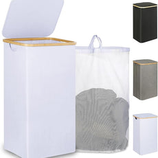 110L Laundry Hamper with Lid，Dirty Clothes Hampers for Laundry,Laundry Basket with Bamboo Handles and Removable Bag,Hamper for Bedroom, Bathroom, Dorm, Laundry Room, White