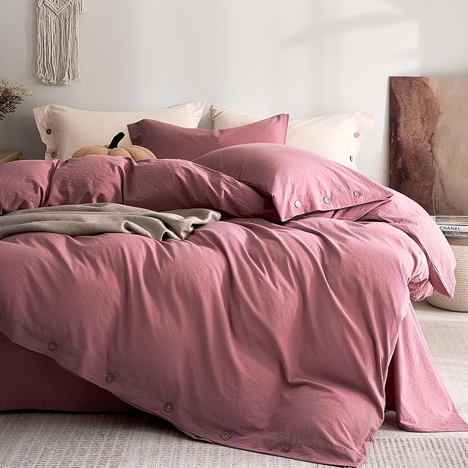 JELLYMONI 100% Washed Cotton Duvet Cover Queen – Soft, Breathable Linen-Look Bedding with Natural Wrinkle Texture, Button Closure, 3-Piece Set (Deep Rose, 90"x90")