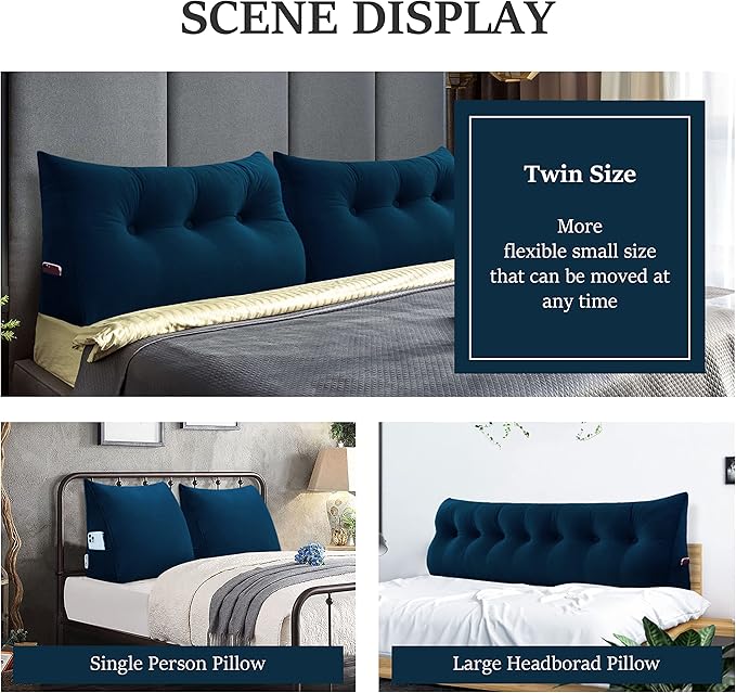 Johnear Wedge Headboard Large Bolster Pillow Reading Pillows for Sitting in Bed Adult， Velvet Triangular Cushion Backrest Lumbar Back Support Upholstered Daybed Sit Up Book Pillows（Darkblue, Twin）