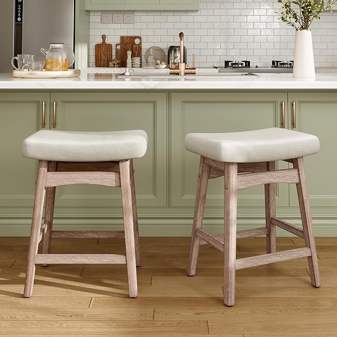 MAISON ARTS Counter Height Bar Stools Set of 4 for Kitchen Counter Solid Wood Legs with Fabric Saddle Seat Farmhouse Barstools for 34"-38" Counter Island Upholstered Stools, 24in, Creamy White