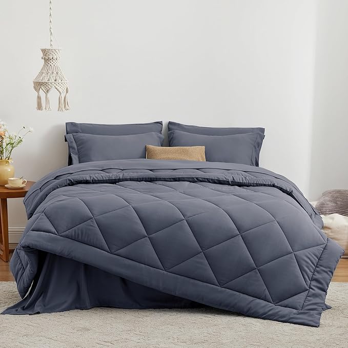 Love's cabin California King Comforter Set Navy Blue, 7 Pieces California King Bed in a Bag, All Season Bedding Sets with 1 Comforter, 1 Flat Sheet, 1 Fitted Sheet, 2 Pillowcase and 2 Pillow Sham