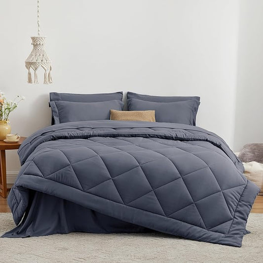 Love's cabin California King Comforter Set Navy Blue, 7 Pieces California King Bed in a Bag, All Season Bedding Sets with 1 Comforter, 1 Flat Sheet, 1 Fitted Sheet, 2 Pillowcase and 2 Pillow Sham