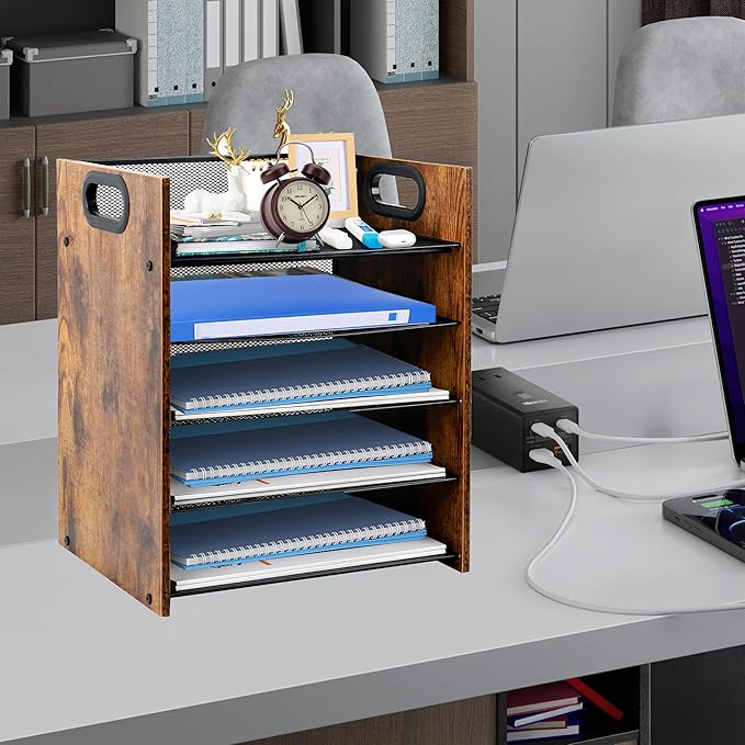 Wood Desk Organizer - 5-Tier Desktop File Organizer, Wooden Paper Tray, Office Desk Organzier and Accessories for Papers, Mail, Notebooks, Stationery