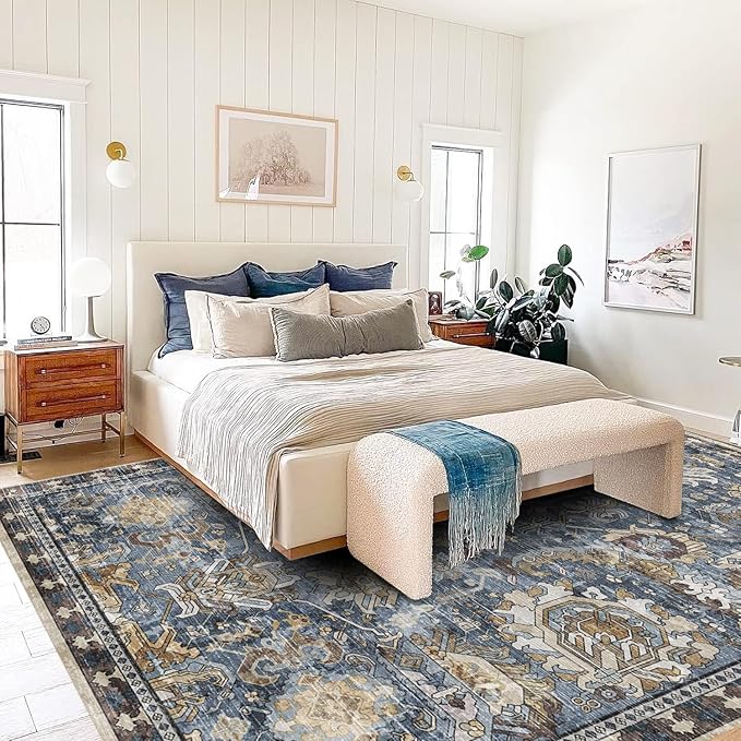 RUGSURE Washable Area Rugs - Stain & Water Resistant Non-Slip Backing - Pet & Child Friendly Vintage Tribal Design in Navy with Beige, Brown & Gold Accents - Ideal for Living Room (8' x 10')